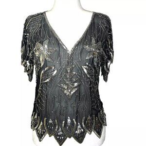Swee Lo Vtg Silk Evening Blouse M Sheer Black & Silver Beads Sequins Disco Glam